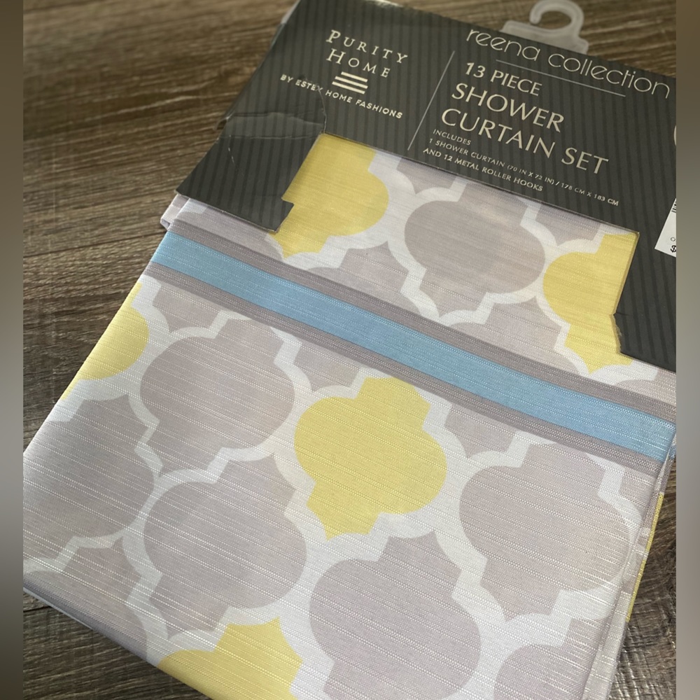 Shower Curtain New in Package with yellow, blue and white geometric patterns NWT